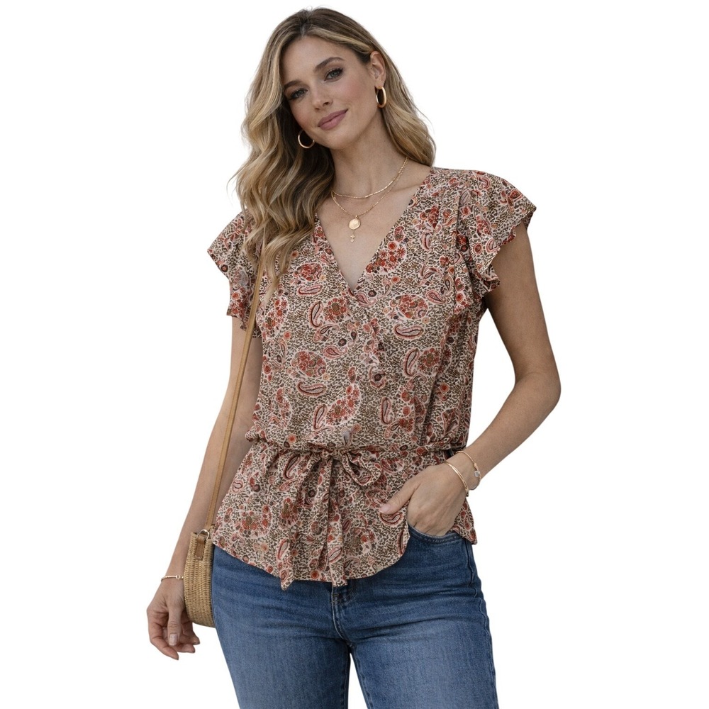 Max Edition Ruffle‎ Sleeve Blouse Womens Large Red Paisley Wrap Waist Top